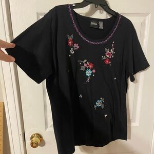 Erika Black Floral Embroidered Tee
